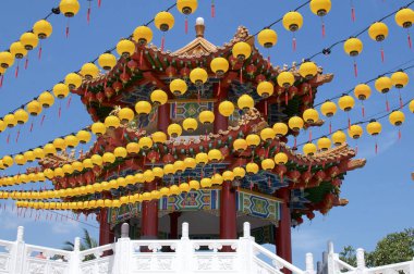 Yellow lantern decoration and Pagoda of Thean Hou Temple
