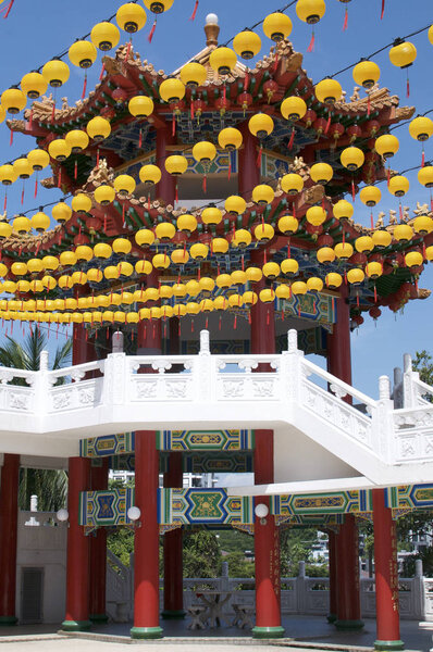 Yellow lantern decoration and Pagoda of Thean Hou Temple
