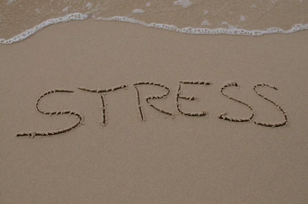 Stress Text Inscription Drawn Sand Coming Water — Stock Photo, Image