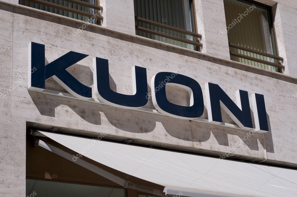 Lugano, Ticino, Switzerland - 1st September 2020 : Kuoni company logo on a building in Lugano. Kuoni Travel is a tourism company, operating various services