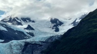 Alaska Glacier Bay Milli Parkı içinde buzullar. Dağ doruklarına gelen buzullar ve Pasifik Okyanusu 'na kayar
