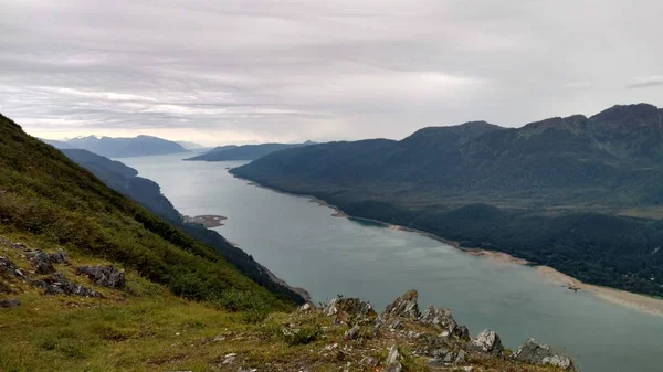 Kilátás Juneau Alaszka Egy Hegytetőn Magában Foglalja River Mountains Híd — Stock Fotó