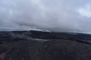 Mauna Loa yanardağ krateri Hawaii duman Arial görünümü krater ve çamurdan magma sızıntıları yüzeye olarak billowing