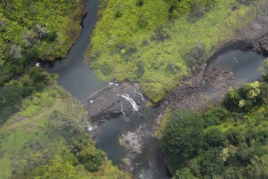 Hawaii yağmur ormanları ve şelaleler, nehirler ve vadiler ile yoğun bir tropikal yağmur ormanları arasında Arial View arazi boyunca çizmeyeceksiniz Zig