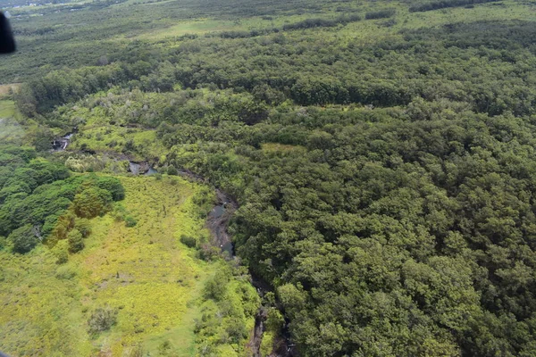 Arial View Hawaiian Rainforest Waterfalls Milieu Une Forêt Tropicale Dense — Photo