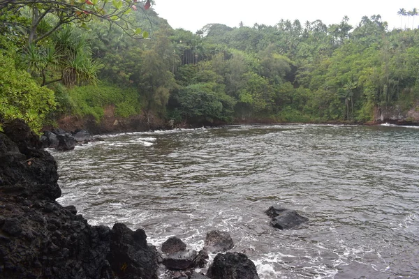 Хвилі Гуркіт Скелястому Березі Гаваях Біла Піна Хвилі Мити Скелях — стокове фото