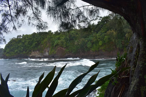 Olas Que Estrellan Rocky Shore Hawaii Espuma Blanca Mientras Las — Foto de Stock