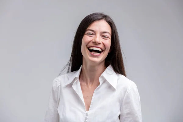 Portrait Young Cheerful Brunette Woman Wearing White Shirt Bright Background — Stock Photo, Image