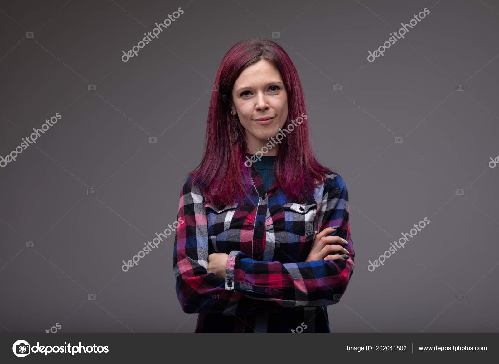 Thoughtful Attractive Young Woman Friendly Smile Long Purple