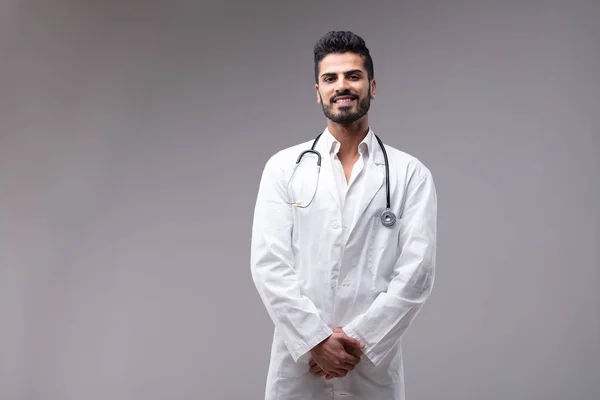 Portrait Young Cheerful Bearded Doctor Wearing White Gown — Stock Photo, Image