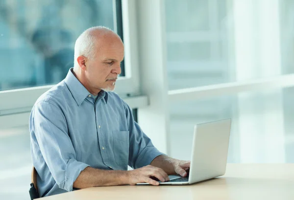 Affärsman Som Sitter Vid Skrivbord Som Arbetar Bärbar Dator — Stockfoto