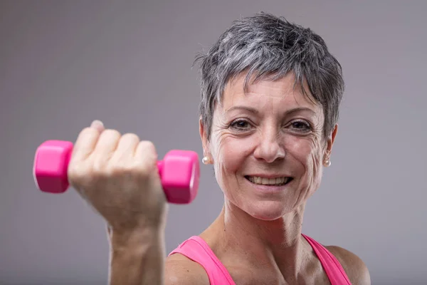 Happy Healthy Middle Aged Woman Working Out Colorful Pink Weights — Stock Photo, Image