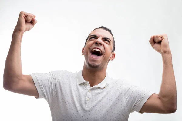 Emocionado Homem Aplaudindo Perfurando Com Punhos Com Boca Bem Aberta — Fotografia de Stock