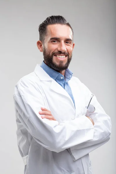 Smiling Confident Bearded Male Doctor White Lab Coat Standing Folded — Stock Photo, Image