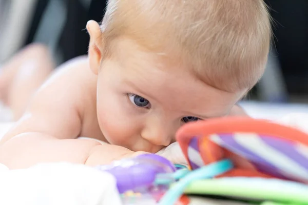 Bayi Kecil Yang Baru Lahir Yang Sedang Melihat Mainan Mainannya — Stok Foto