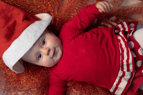 Cute Chubby Little Baby Wearing Festive Red Santa Outfit Hat — Stock Photo, Image