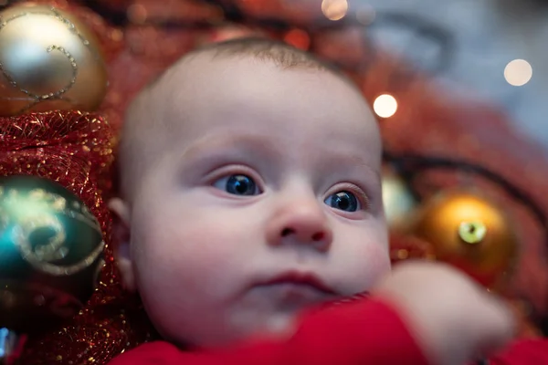 Little Blue Eyed Baby Lying Christmas Cot Surrounded Glittering Fabric — Stock Photo, Image