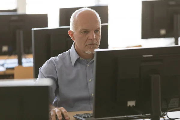 Empresário sênior dedicado trabalhando em um desktop — Fotografia de Stock