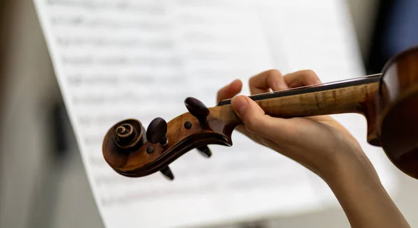 Mujer Violinista Tocando Violín Barroco Antiguo Primer Plano Sobre Vista —  Fotos de Stock