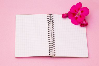 defter ve çiçek pembe bir arka plan üzerinde