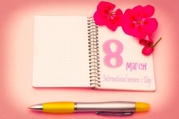 Notebook Flowers Pen Pink Background Message Women Day — Stock Photo, Image