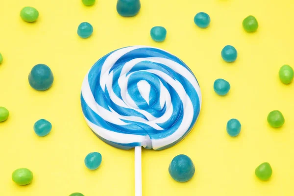 Colorful Lollipop Assortment Candies Yellow Background — Stock Photo, Image