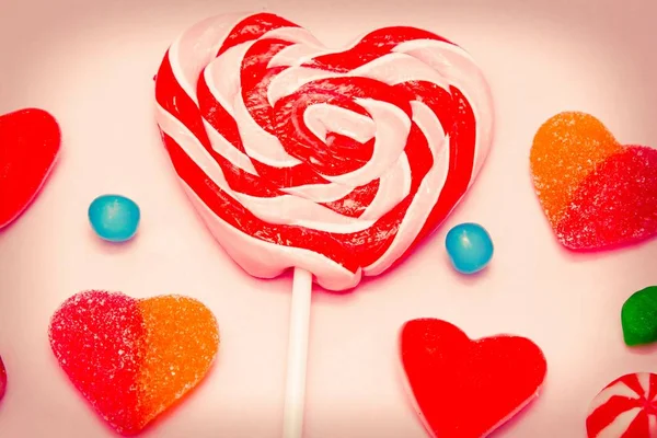 heart lollipop with heart candies on colorful background