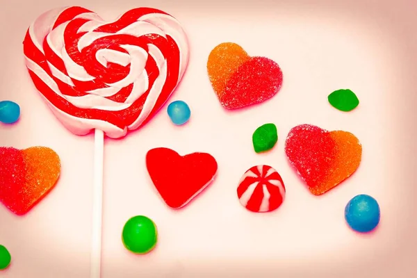 Hjärtat Lollipop Med Hjärtat Godis Färgstarka Bakgrund — Stockfoto