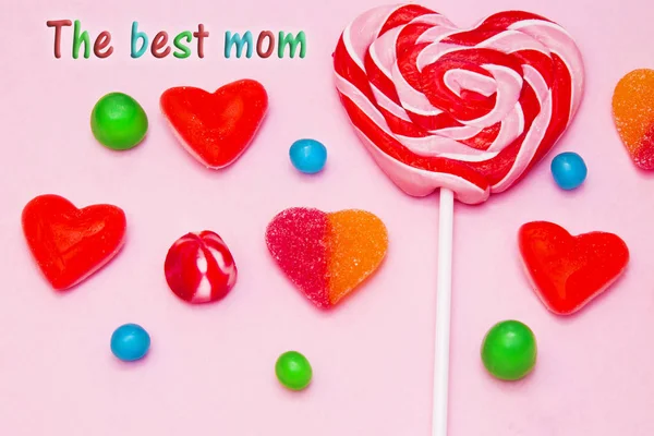 Ημέρα Της Μητέρας Ευχετήρια Κάρτα Καρδιά Καραμέλες — Φωτογραφία Αρχείου