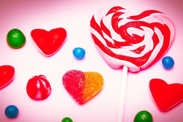 Lollipop Form Hjärta Och Godis Rosa Bakgrund — Stockfoto