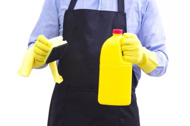 kova ve temizleme ürünleri, izole olan adam