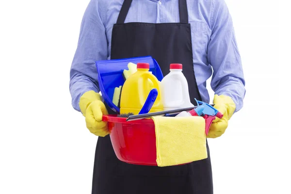 Homem Com Produtos Limpeza Desinfecção — Fotografia de Stock