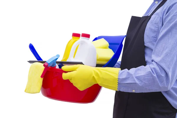 Homem Com Balde Produtos Limpeza Isolados — Fotografia de Stock