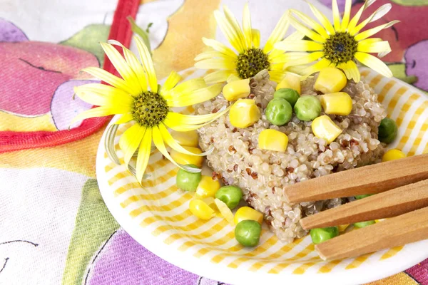 spring quinoa salad with corn and peas