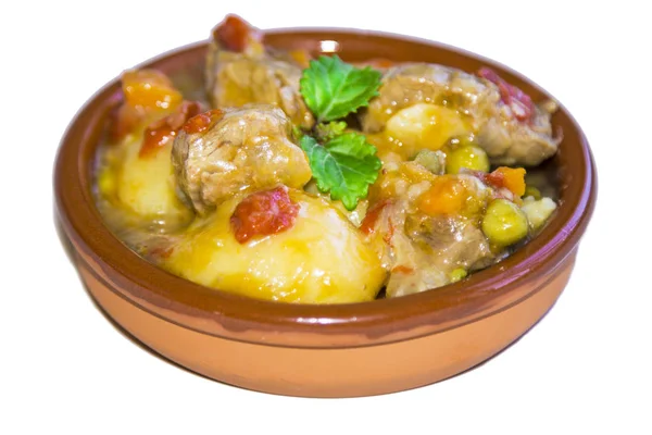 Clay Casserole Beef Stew Isolated White — Stock Photo, Image