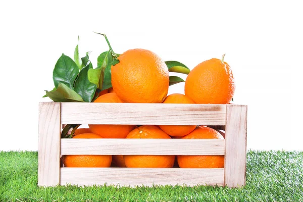Sabrosa Caja Naranjas Césped — Foto de Stock