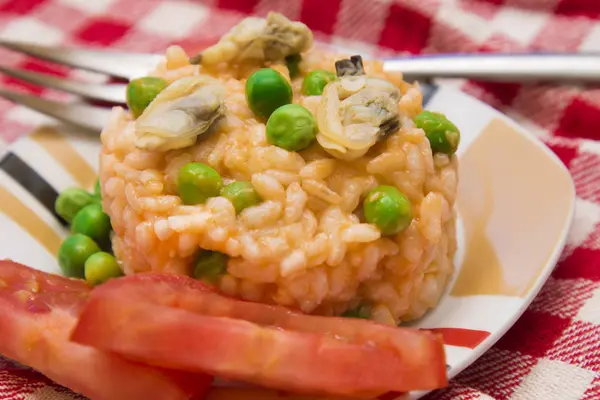 Seafood Risotto Tomato Peas — Stock Photo, Image