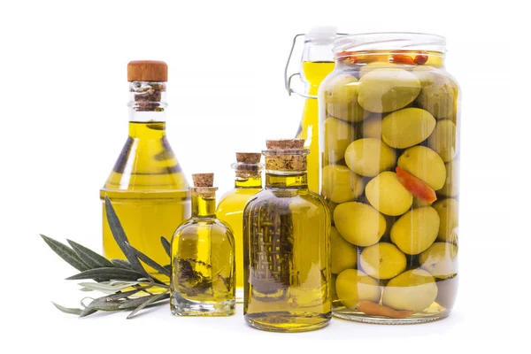 Bottiglie Olio Extravergine Oliva Barattolo Vetro Con Olive Isolate — Foto Stock