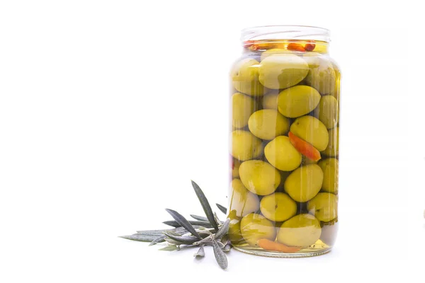 Vaso Vetro Con Olive Isolate — Foto Stock