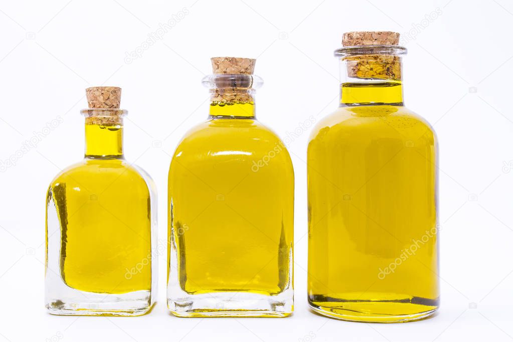 bottles of extra virgin olive oil isolated