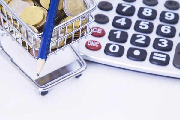 Grocery Shopping Cart Full Euro Coins Calculator Concept Economy Savings — Stock Photo, Image