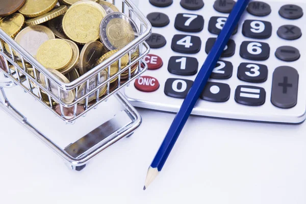 Grocery Shopping Cart Full Euro Coins Calculator Concept Economy Savings — Stock Photo, Image