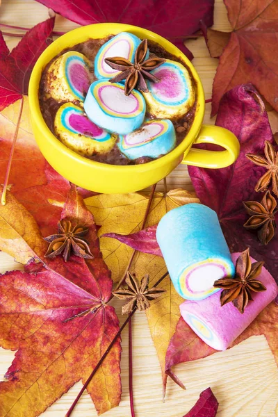 热巧克力与棉花糖在陶瓷杯在秋天叶子 — 图库照片