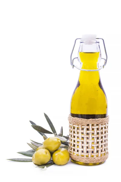 Bottiglia Olio Extravergine Oliva Olive Isolate Bianco — Foto Stock