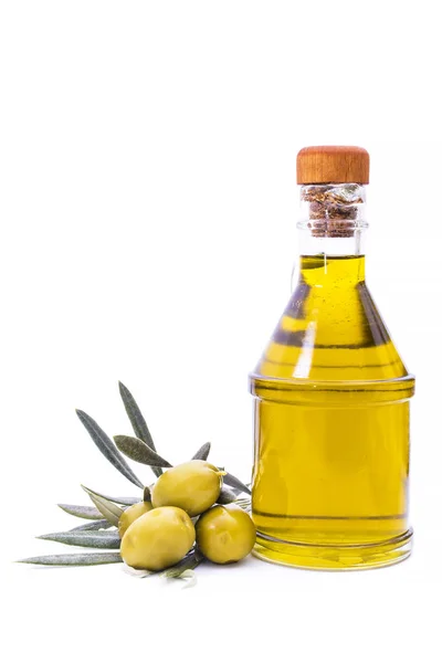Bottiglia Olio Extravergine Oliva Olive Isolate Bianco — Foto Stock