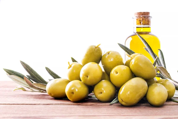 Bottiglia Olio Extravergine Oliva Olive Isolate Bianco — Foto Stock