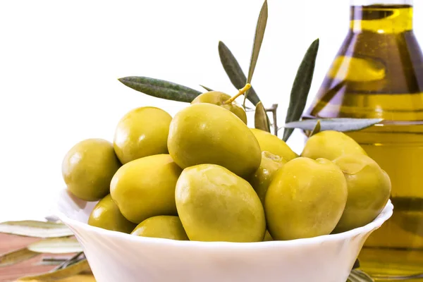 Bottiglie Olio Extravergine Oliva Ciotola Olive Isolate Bianco — Foto Stock