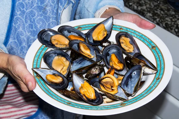 Plate Tasty Steamed Mussels — Stock Photo, Image