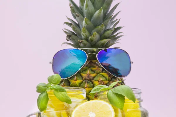 Summer Vacation Party Concept Stylish Pineapple Pink Sunglasses Cocktail Drink — Stock Photo, Image