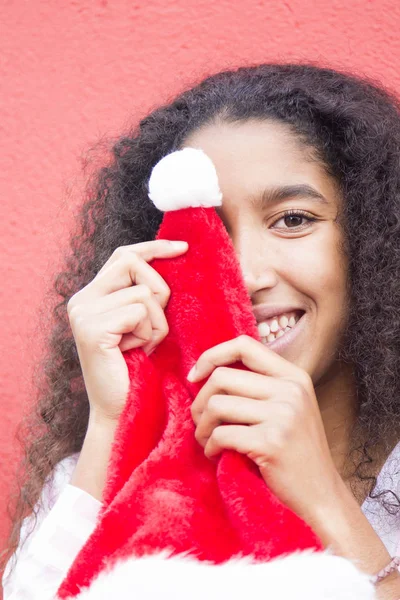 Young Afro Woman Playing Santa Claus Hat — Stock Photo, Image